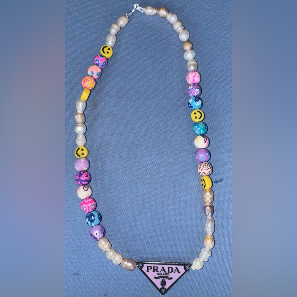 Repurposed Lux Prada Charm 7- 10mm fresh Water Pearls And Clay Beaded Necklace